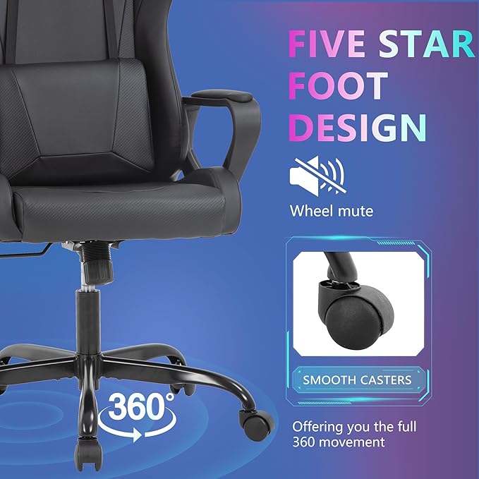 PayLessHere Ergonomic Racing Desk Chair Gaming Chair Computer Chair with Armrests 360° Swivel & Caster Pu Desk Task Chair Executive Headrest Lumbar Support for Back Pain Women Men and Adults (Black)