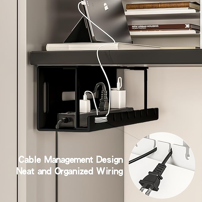 Under Desk Cable Management 16'' Tray Wires Organizer Power Strip Management No Drill Under Table Organizer for Cable Storage Holder (BLACK-50CM)