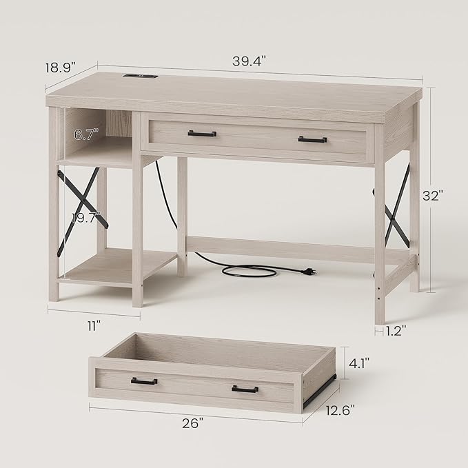 SEDETA Farmhouse Small Desk with Drawers, 40" Computer Desk with Storage Shelves, Writing Desk for Small Space and Power Outlet, Desk for Bedroom, Home Office, Mahogany Grey