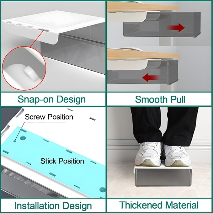 SVNNELP Large Under Desk Table Drawer Storage Organizer, Slide Out Drawer with 2 Desk Divider,Pencil Storage Self-Adhesive Tray Under Table (L/Clear Black+White)