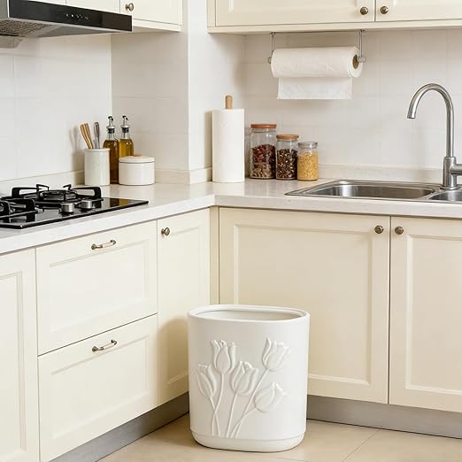 White Ceramic Tulips Small Bathroom Trash Can 2.6 Gal (10 Liter) - Heavy & Decorative Garbage Bin for Bathroom, Kitchen, Office, Bedroom & Living Room Corner
