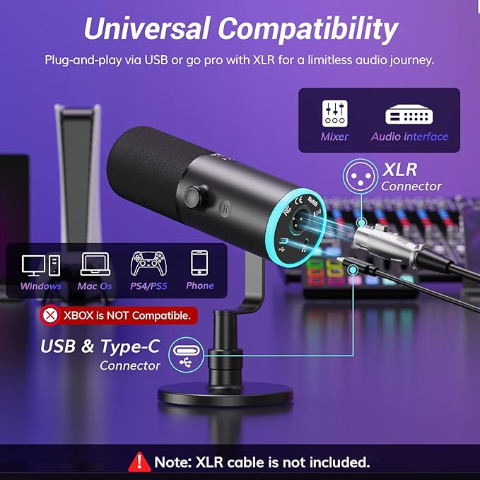 TONOR Dynamic Gaming Microphone, XLR/USB Mic Streaming, AI Noise Cancellation, Controlable RGB, Tap Mute, 3.5mm Headphone Jack, Volume Control, Microfono with Desktop Stand, Black, TD510 AIR S