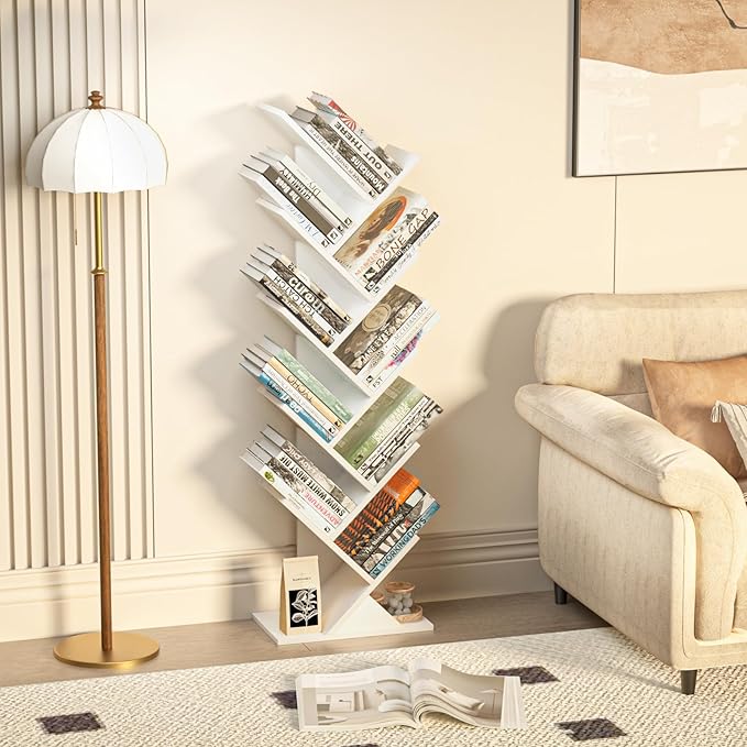 SHEEPAM 10 Tier Tree Book Shelf, Floor Standing Wood Bookshelf for Narrow Space, Storage Organizer Bookshelves for Books/CDs/Magazine, Bookcase with Shelves for Home Office, Living Room - White