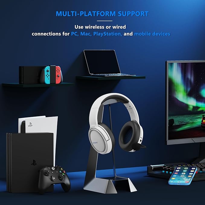BINNUNE Wireless Gaming Headset — 2.4GHz Low-Latency USB Dongle + Bluetooth, 50mm Drivers 7.1 Surround, Noise-Cancelling Mic, 40H Battery — Over Ear Wireless Headphones for PS5, PC, Laptop, White