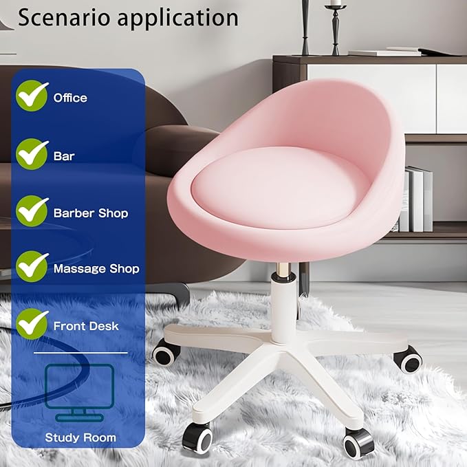 Swivel Rolling Stool with Wheels, Height Adjustable PU Leather Drafting Chair, Round Seat for Salon, Spa, Tattoo, Office, Home Use Pink Set of 1