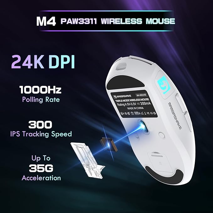 ATTACK SHARK × MAMBASNAKE M4 Wireless Gaming Mouse, 24000 Adjustable DPI PAW3311 Optical Sensor, Programmed Buttons, 52g Lightweight Ergonomic Computer Mice 2.4G/BT/USB-C for PC/Mac-White