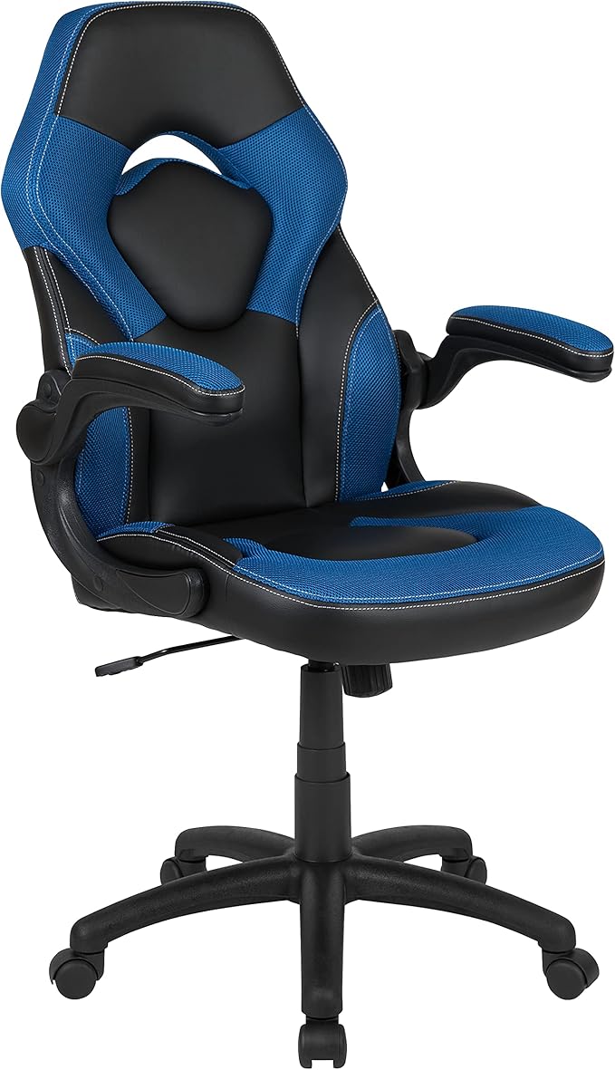 EMMA + OLIVER Black/Blue Gaming Desk Set with Headphone Hook, and Monitor Stand