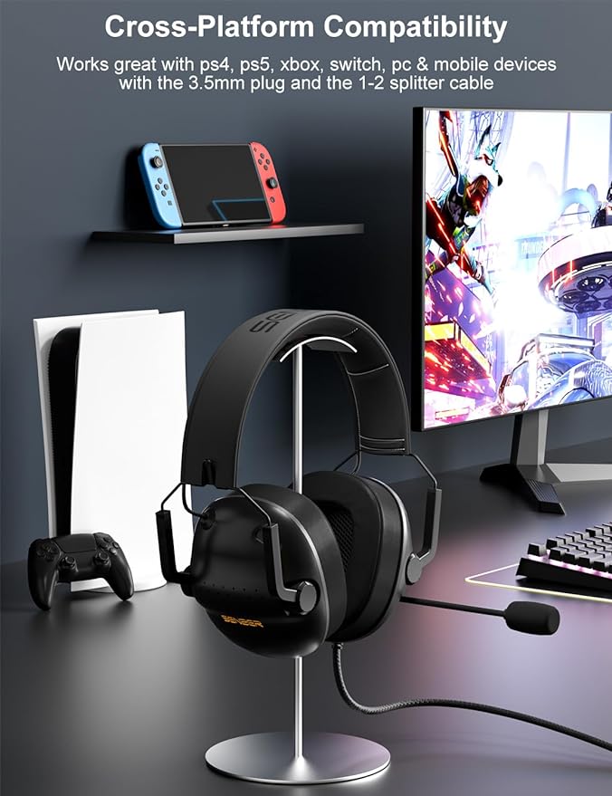 SENZER SG500 Surround Sound Pro Gaming Headset with Noise Cancelling Microphone - Soft Memory Foam Padding - Portable Foldable Headphones for PC, PS4, PS5, Xbox One, Switch - Black