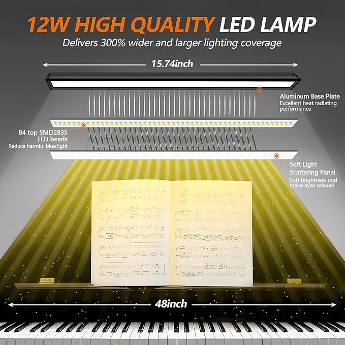 Piano Light, Upgraded LED Piano Lamp for Grand/Upright & Digital Pianos, Music Stand Lamp with Adjustable Gooseneck, Auto-Off Timer, 5 Color Modes Dimmable & USB Charging Port Eye-Care Desk Light