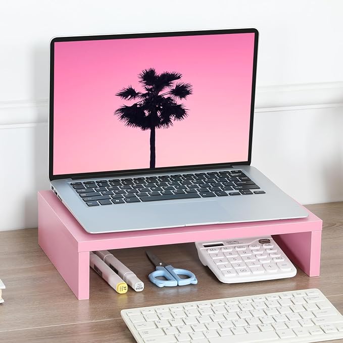TEAMIX Pink Monitor Stand Riser, Wood Monitor Riser with Storage for Desk Small Monitor Stand TV/Screen/PC/Laptop Riser Computer Stand Desktop Shelf (Pink-14.2 inch)