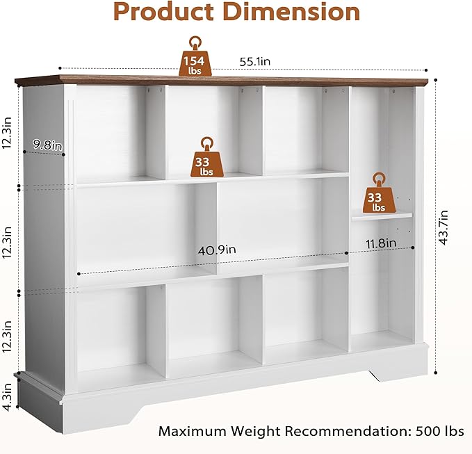 10-Cube Storage Organizer Bookshelf, 4-Tier Wooden Bookcase with Adjustable Shelf, Sturdy Cube Storage Shelf for Small Spaces, Modern Low Profile Shelving Unit for Living Room & Bedroom