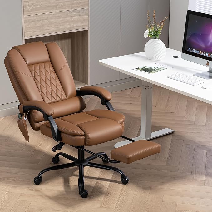 6-Point Heated Massage Office Chair with Footrest, Ergonomic Home Desk Chair with Lumbar Support, Executive High Back PU Leather Computer Chair with Armrest & Reclining, Brown