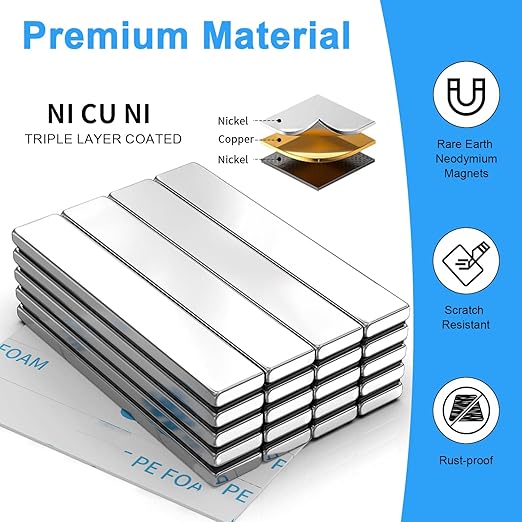 Neodymium Magnet, Caturledas 20 Pack Heavy Duty Strong Rare Earth Magnets with Double Sided Adhesive, Rectangular Bar Magnetic Strip for Home Cabinet Door Maintenance Tool DIY, 60x10x3 mm, Silver