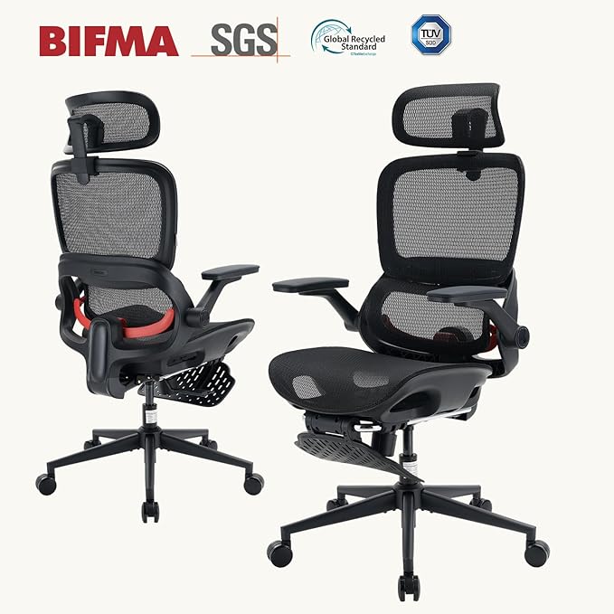 SIHOO B100 PRO Ergonomic Office Chair with Footrest, Mesh Office Chair with Adaptive Lumbar Support, Computer Chair with Wide Headrest, Desk Chair with 360° Rotatable Flip-Up Armrests, Ebony