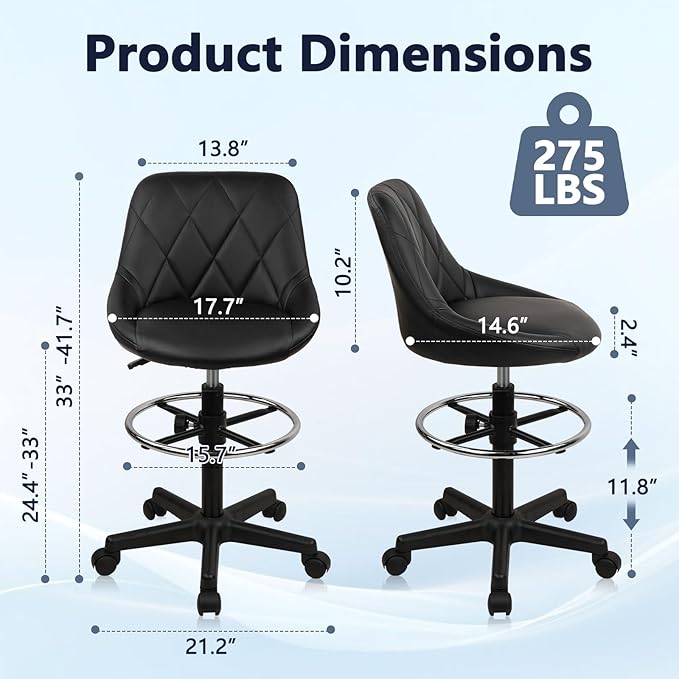 KLASIKA Drafting Chair with Back, Leather Rolling Swivel Stool with Adjustable Height and Footrest, Ergonomic Tall Standing Desk Office Chairs with Wheels for Home Work Shop Kitchen Bar, 4PK