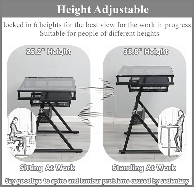 Drafting Table for Artists, Height Adjustable Glass Drawing Table with Stool, Ergonomic Art Table with 0-75° Tilting Tabletop and More Storage for Home Office, Type 1-Black