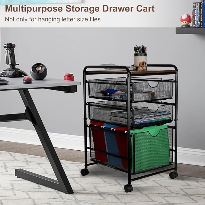 EasyPAG 3-Tier Rolling File Cart with 1 Large & 2 Small Baskets – Adjustable Hanging Organizer, Under Desk Storage, Mobile File Cabinet for Home/Office, Black