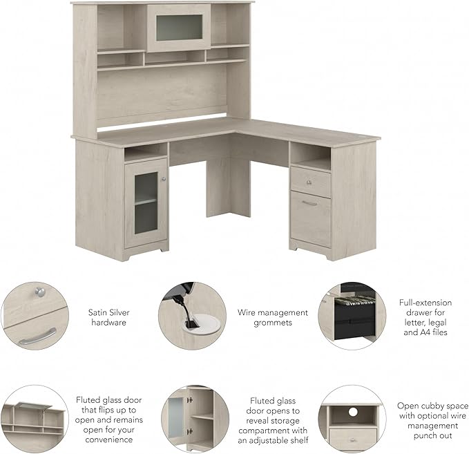 Bush Home Cabot L Shaped Desk with Hutch, Corner Desk with Storage for Home Office in Linen White Oak, 60W L Shaped Computer Desk