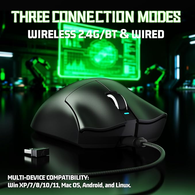 ATTACK SHARK V3 Ultra-Light Wireless Gaming Mouse,PAW3311 Sensor, 500mAh, 62g, 25KDPI 2.4G/BT/USB-C Rechargeable Wireless Mouse with 5 Programmable Buttons for Laptop,PC,Mac Gamer (Black)