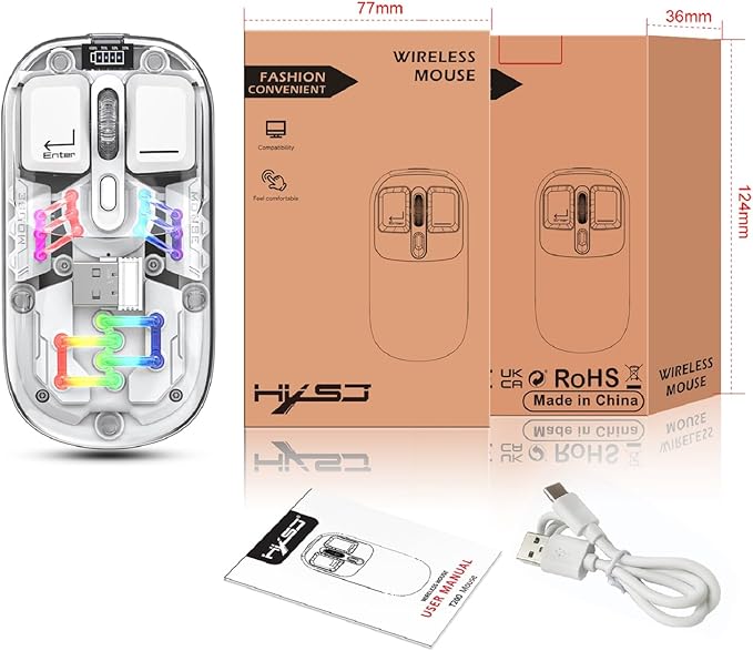 Wireless Bluetooth Mouse, Transparent BT + 2.4G Dual-Mode Mechanical Mouse with Magnetic Top Cover, Rechargeable RGB Backlit Gaming Mouse for Gaming/Esports/Desktop/Laptops/Tablets (White)