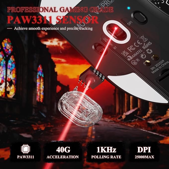 MAMBASNAKE Attack Shark V3 PRO 62g Superlight Wireless Gaming Mouse,RGB Charging Dock,BK52820 Tri-Mode BT/2.4G Wireless/Wired Mouse with Grip Tape,25000DPI,5 Programmable Buttons for Pc/Mac,Black PRO