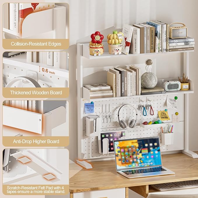Adjustable Desktop Hutch Bookshelf, Desk Shelf Organizer with Pegboard and Thickened Metal Frame, 2 Tier Display Rack, Countertop Storage, Wood Bookcase for Home, Dorm or Office, White, 38.9" W