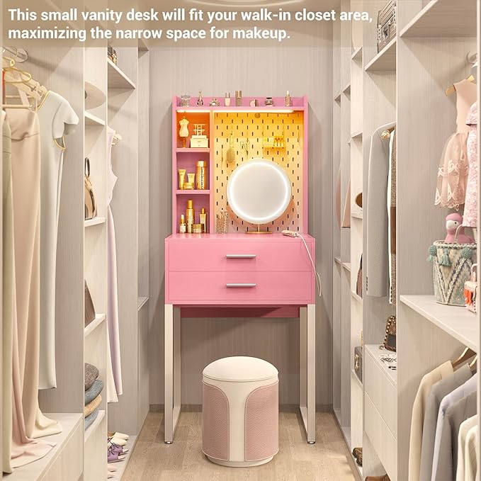 Besiost Small Vanity Desk with Hutch and Drawers, Pink Makeup Vanity Desk with Outlets, Vanity Table Dressing Table with LED Lights, Vanity Desks No Mirror with Pegboard for Girls Women, 24"