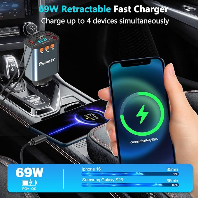 Bluetooth 5.3 Car Adapter, FM Transmitter Bluetooth Car Charger, 4 in 1 Retractable Car Charger, Phone USB C PD Fast Charging Adapter for RV SUV Truck, Fit iPhone 17/16/15/14 (Type C & Lightning)