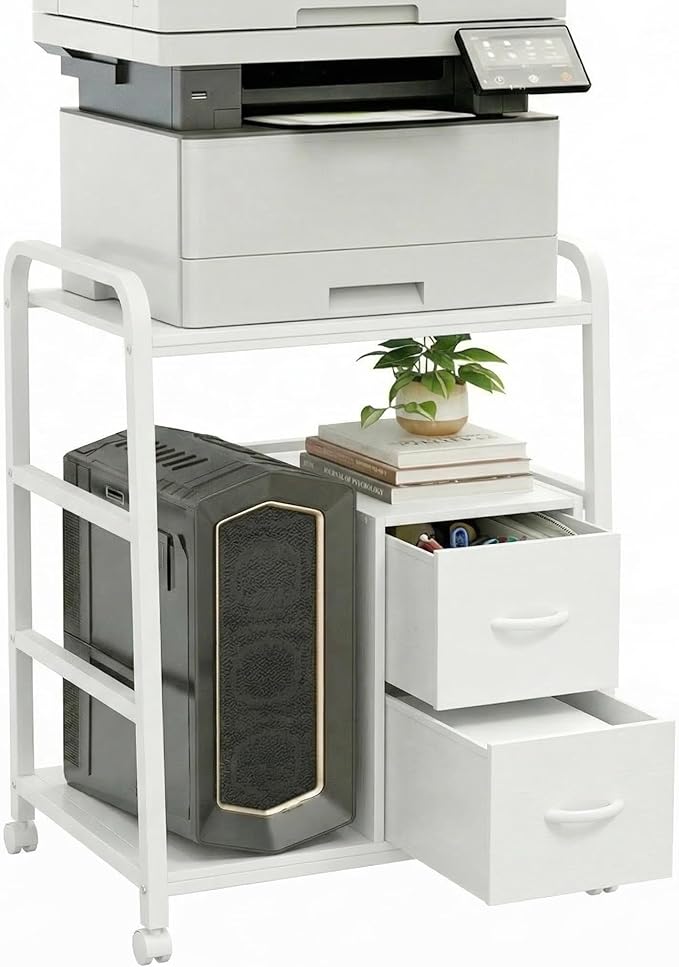 Printer Stand Featuring Fabric Drawers, Under Desk Host Computer Cabinet and Shredder Shelf, Heavy Duty Printer Stand with Storage Workstation Organization Printer Table for Home Office