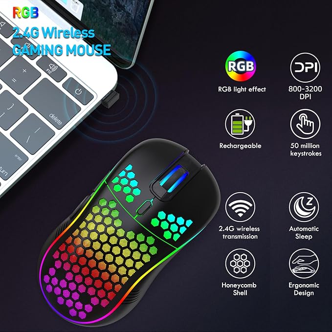 Wireless Gaming Mouse, Rechargeable Computer Mouse Ergonomic Mice Honeycomb Design with RGB Backlight, USB Receiver, 7 Buttons, Adjustable DPI, Wireless Mouse for PC/Mac/Laptop