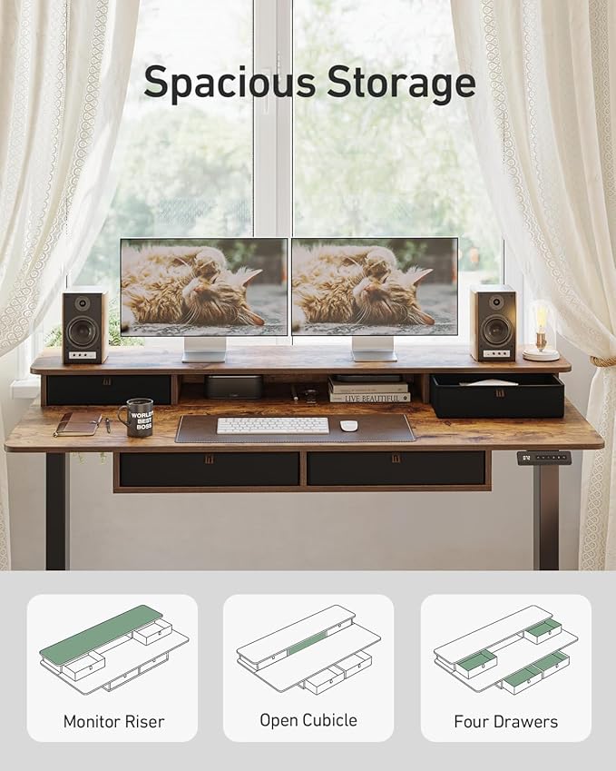 CubiCubi 48" x 24" Standing Desk with Drawers, Electric Height Adjustable Workstation, Computer Sit Stand Up Office Table with Large Storage Shelf, 4 Drawers and 2 Hooks, Rustic Brown