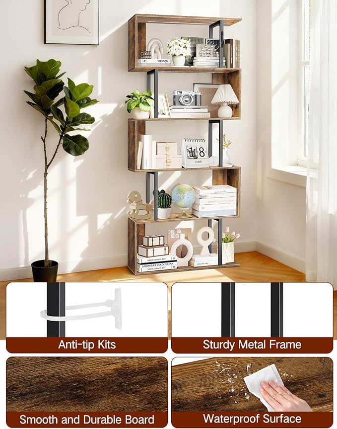 6 Tier S-Shaped Geometric Bookcase with LED Light, Touch & Remote Control, Wide Tall Freestanding Display Shelf, Industrial Storage Cabinet for Living Room, Bedroom, Office