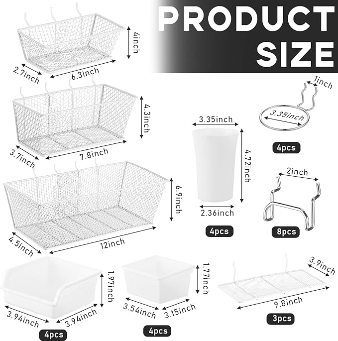 Sieral 30 Pcs Pegboard Organizer Accessories Kit Includes Peg Board Shelving Storage Basket Organizer Bins Hooks Loops Cup with Cup Holder for Garage Room Wall Attachments Tools(White, Silver)
