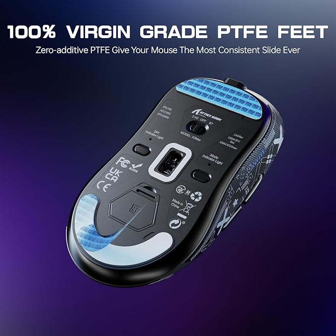 ATTACK SHARK X3MAX Wireless Gaming Mouse,PixArt PAW3950 Gaming Sensor,Up to 42K DPI,100 Million Micro,49g Lightweight Tri-Mode(BT5.2/2.4Ghz/Wired) Mice with Coiled Cable-Black&Tape