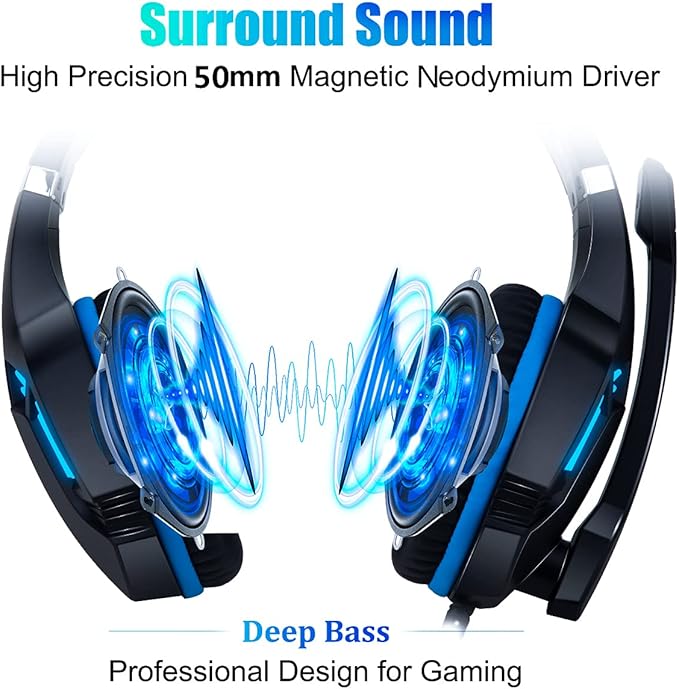 Gaming Headset for PS4, PC, Xbox One, PS5, for Nintendo Switch, Wired Over Ear Headphones with Stereo Surround Sound, Noise-Cancelling Microphone, LED Lights for Kids Adults, Black Blue