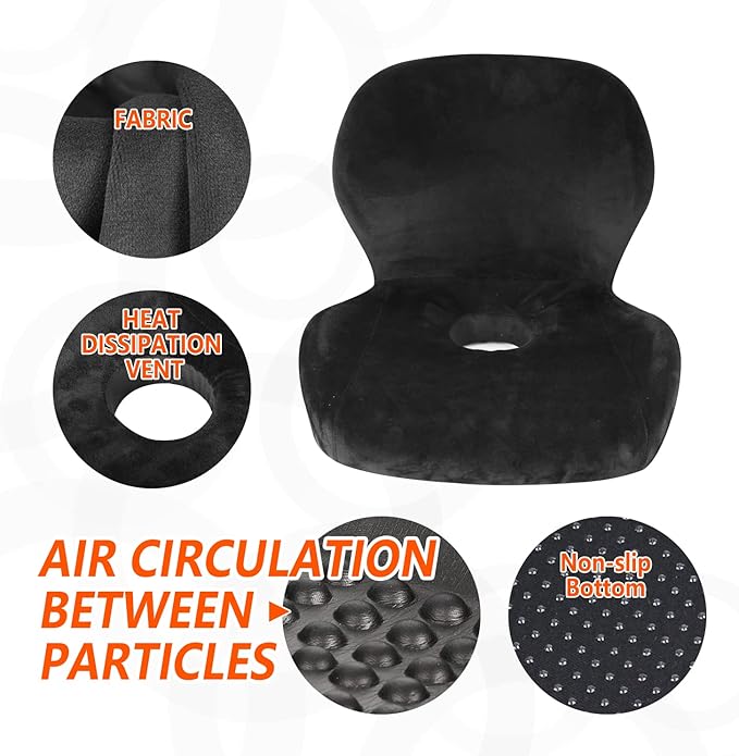 CHIYI Orthopedic 2-in-1 Seat Cushion One-Piece with Lumbar Support 100% Memory Foam - Lower Back, Coccyx, Sciatica Pain Relief - for Bleacher, Wheel/Camping/Office/Gaming Chair, Car Seat （Black）