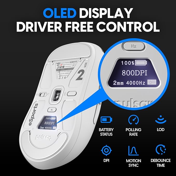Pulsar Gaming Gears - X2H eS Wireless Gaming Mouse, Limited Edition, Symmetrical, Optical Switch, OLED Display, PAW3395 Sensor, 100H Battery, 4K dongle Included (Medium, White) (Renewed)