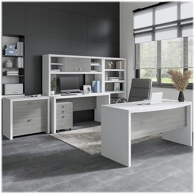 Bush Business Furniture Office by Kathy Ireland® Echo Bow Front Desk, Credenza with Hutch, Bookcase and File Cabinets in Pure White and Modern Gray