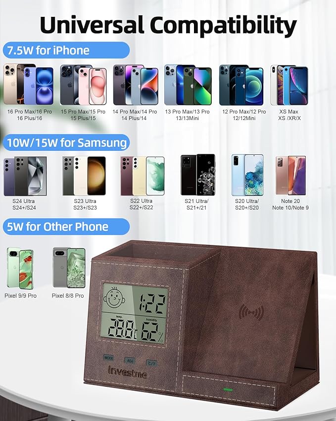 Pen Holder for Desk, Desk Organizer with Wireless Charger, Built in Digital Indoor Thermometer and Humidity Monitor, Multi-Functional Pencil Organizer for Home Office Supplies, Brown