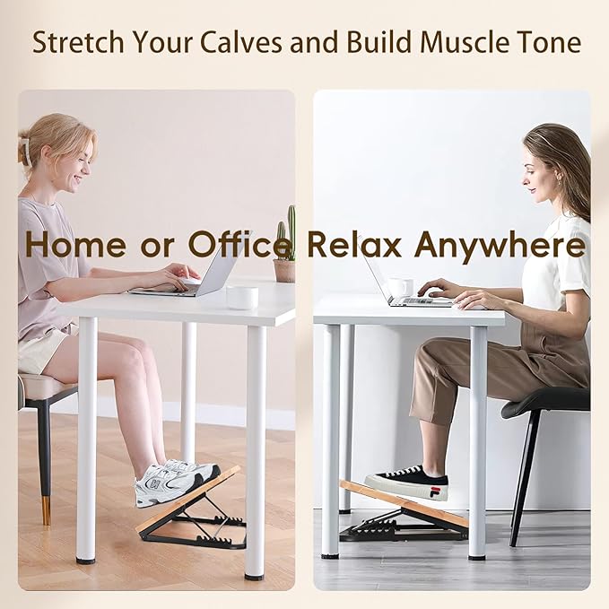 Foot Rest for Under Desk at Work-Adjustable Ergonomic Under Desk Foot Rest- 7 Adjustable Angles Wood Desk Footrest, Under Desk Foot Rest for Office Leg Rest - Natural-with Blue Cushions