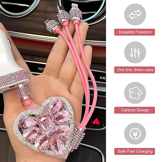 Multi Charging Cable, 3 in 1 Retractable Car Charger, Fast Charging Data Car Cable with Type-C/Lightning/Micro USB Connectors, Universal for Mobile Devices (Pink)