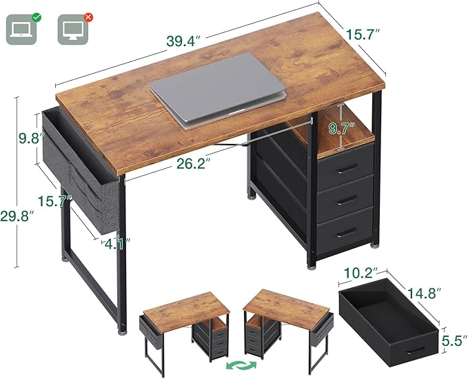 AODK 40 Inch Small Computer Desk with Fabric Drawers, Kids Study Desk for Bedroom, Home Office Desk with Storage Shelf & Bag for Small Space, Vintage
