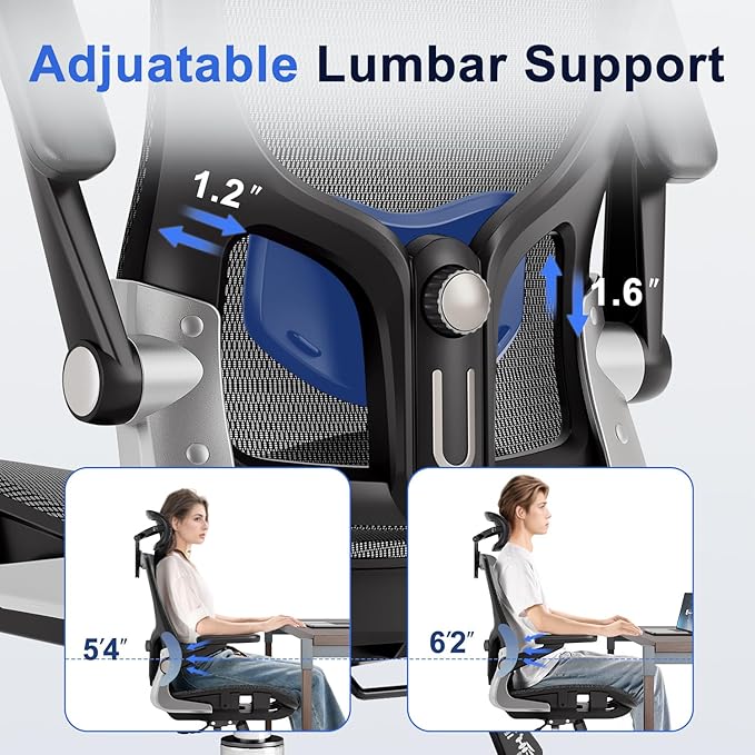 marrap Ergonomic Office Chair, Mesh Seat Cushion with 3D Armrests and 3D Headrest, Adjustable Lumbar Support with 90-120° Rocking Function, Black