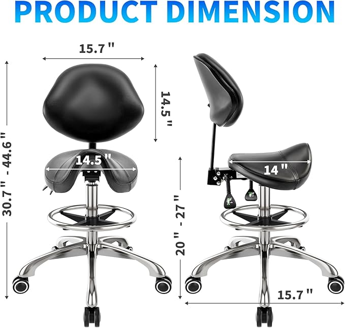 Saddle Chair with Back Support - Tilted Backrest, Adjustable Foot Rest, 350 LBS Capacity Ergonomic, 360° Swivel Drafting Chair for Salon, Spa, Massage, Tattoo, Facial lash, Home, Dentist (Black)