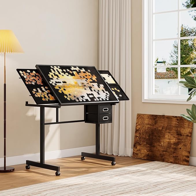 Drafting Table Art Table on Wheels with Storage Drawers & Side Trays - Adjustable Drawing Table Tilted Tabletop, Crafting Desk with Storage for Artist Painters Home Office (Black D)