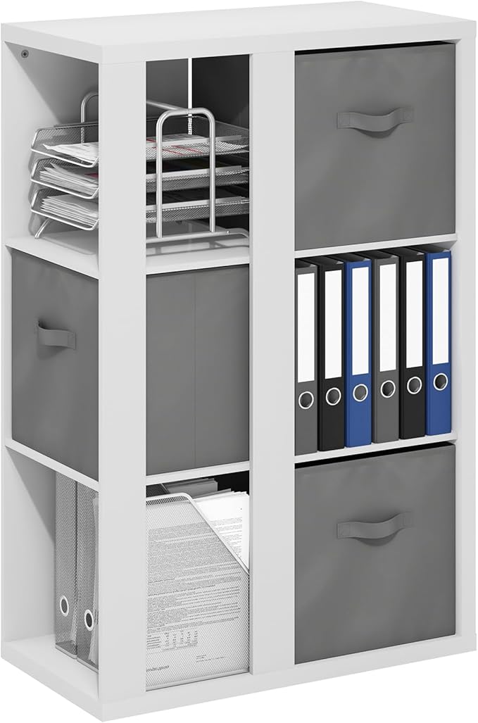 Furinno Viola Book Shelf, 3-Tier Bookshelf, Cube Storage Organizer Bookcase with Open Shelf, with Storage Bins, 13.6 x 29.3 x 43.8, for Living Room, Bedroom, Home Office, White/Light Grey