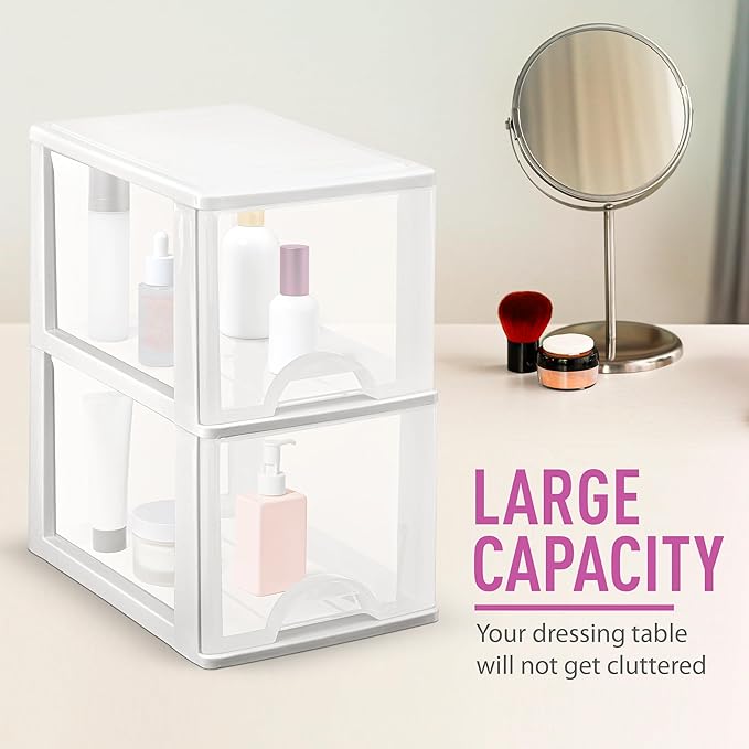 Plastic 2-Drawer Storage Organizer, 4-Pack for Classroom Art Supplies Dresser Closet Bathroom Dorm Bedroom Laundry Room, Slim Narrow, White/Clear Crafts Drawers Storage Organizer (13"H x 10"D x 7"W)
