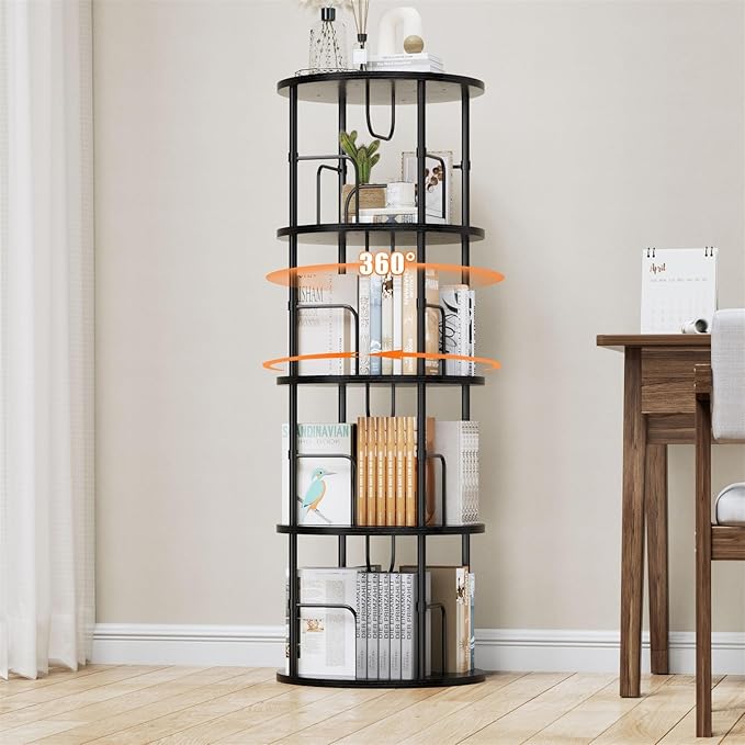 ALLSTAND Rotating Bookshelf, 4 Tier Spinning Bookshelf Tower, 360° Display Round Bookcase, Floor Standing Corner Revolving Bookshelf Organizer Storage Rack for Small Spaces, Home Study Office, Black