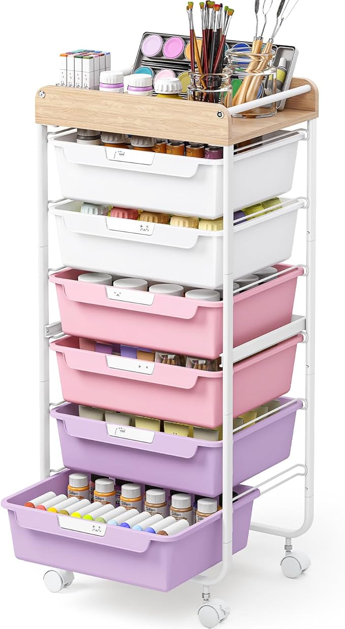 SYKIARIOL Rolling Cart with 6 Drawers,Utility Storage Cart with Drawers,Art Craft Organizers and Storage,Makeup Organizer with Wooden Tabletop,Purple