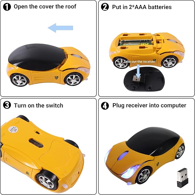 elec Space Wireless Mouse, 2.4GHz Car Wireless Mouse Cool 3D Sport Ergonomic Optical Cordless Mice with USB Receiver for PC Laptop Computer Women Small Hands (Yellow)